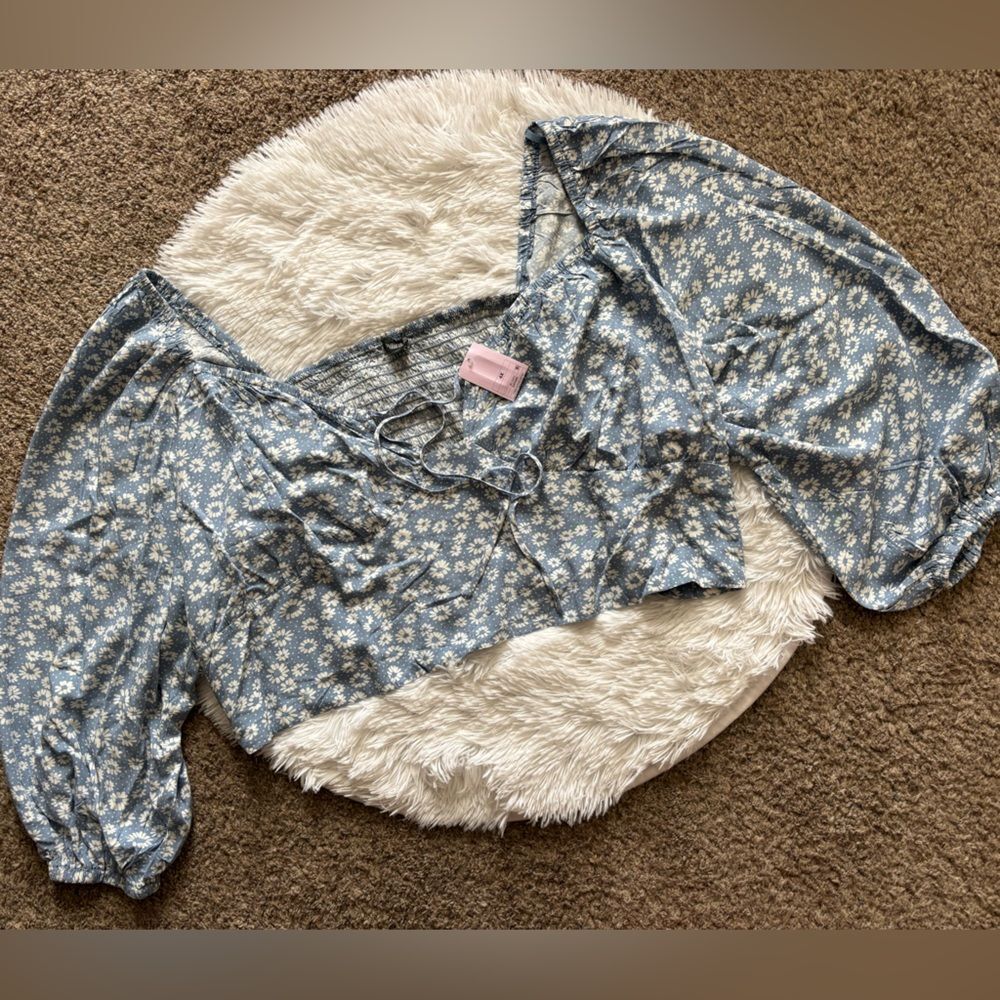 Wild Fable Crop Top New Floral Stretchy Long Sleeves Blue Womens Plus‎ Size 4X